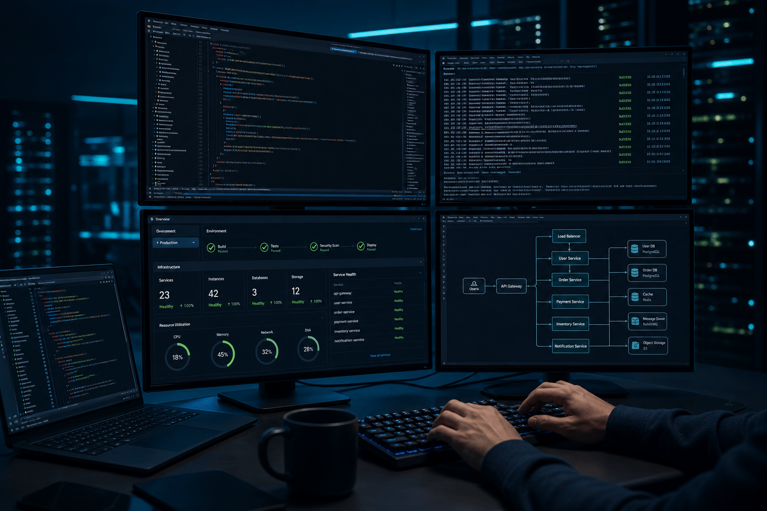 Workspace showing a business website and product screens on multiple monitors